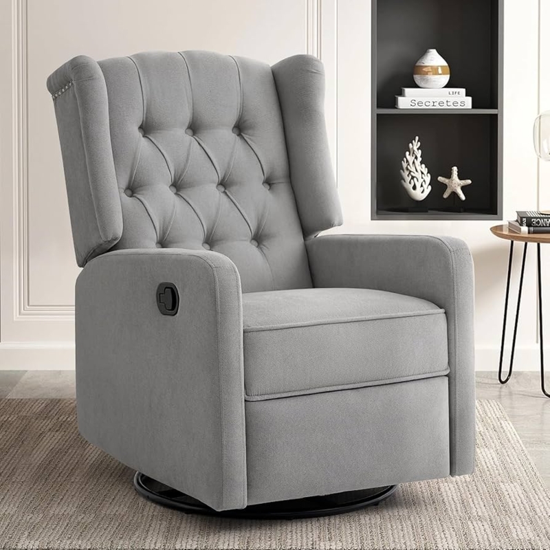 Swivel Rocker Recliner Diamond Tufted Back Light Grey