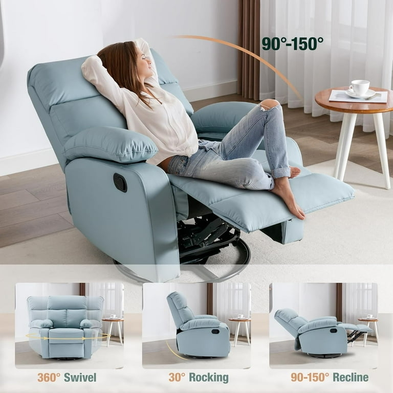 Swivel Rocker Recliner: Mint Blue Leather-Like Compact 360 Swivel Base