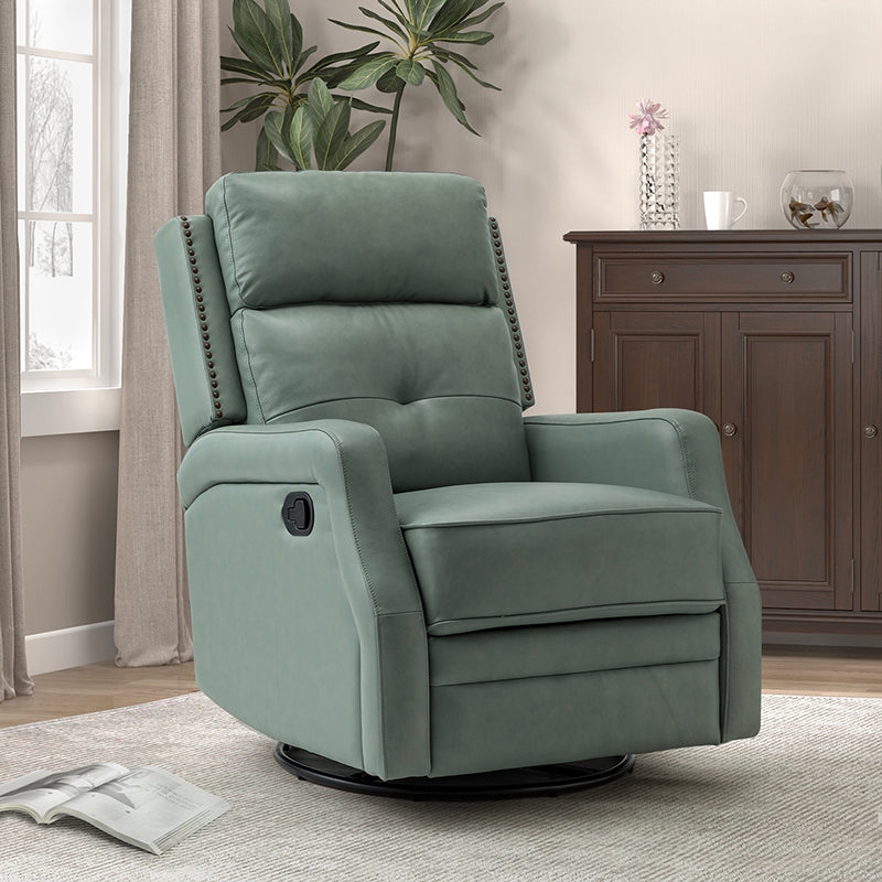 Swivel Rocker Recliner Nailhead Trim Sage Leather Wing