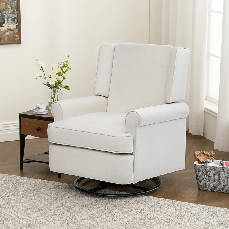 Swivel Rocker Recliner Wingback Silhouette Cream Linen