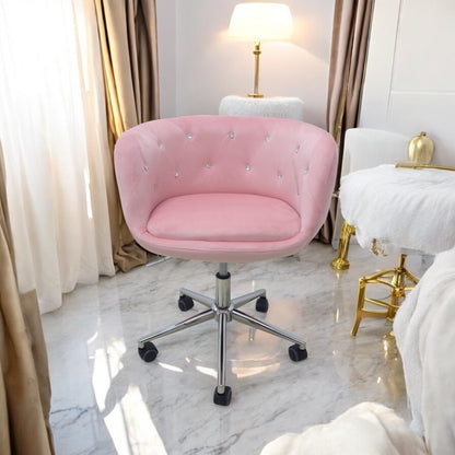 Swivel Vanity Chair with Rhinestone Tufting on Pastel Pink Velvet