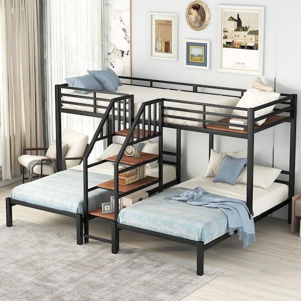 T-Shaped Triple Bunk Bed Frame, Matte Black Metal, Integrated Stairs