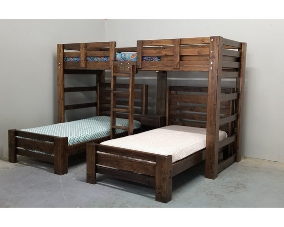 T-Shaped Triple Bunk Bed Walnut Wood Built-in Nightstand