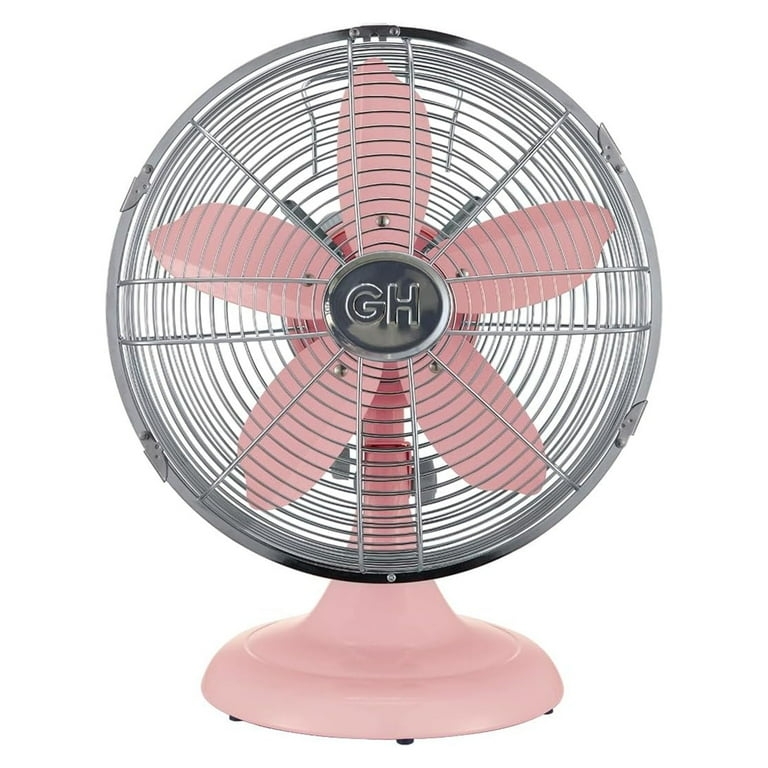 Table Fan Retro Pastel Pink Five Blade GH Logo Chrome Cage