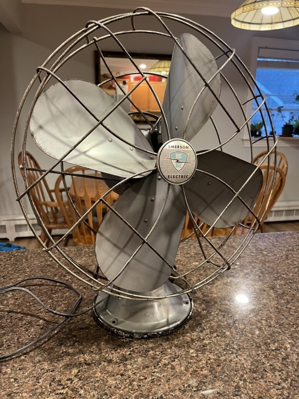 Table Fan Vintage Emerson Electric Aged Silver Patina Wire Cage