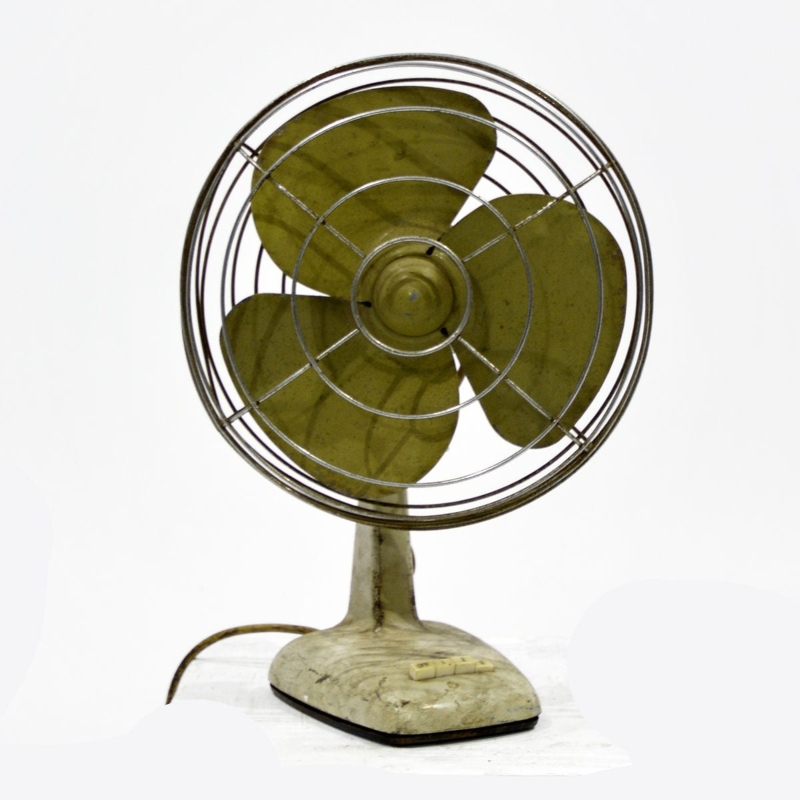 Table Fan Vintage Mustard Yellow Blades Distressed Push Button Base
