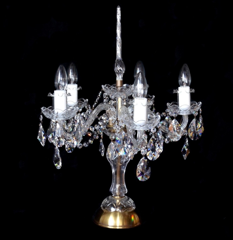 Table Lamp: 5 Arm Design, Almond Crystal Pendants, Antique Brass Base