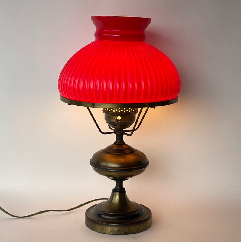 Table Lamp Aged Brass Ruby Red Ribbed Student Shade Style