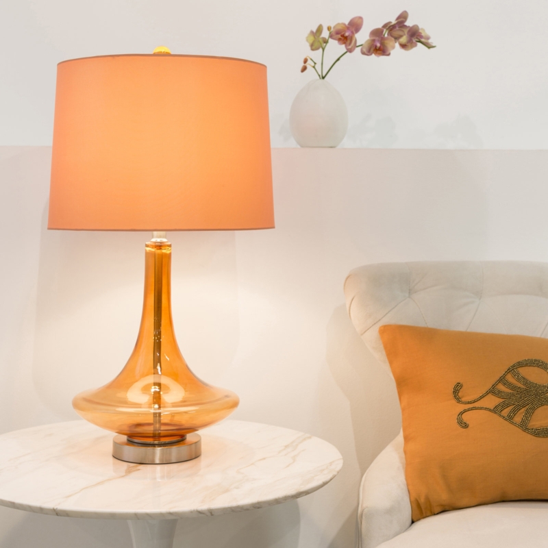 Table Lamp Amber Glass Teardrop Base Orange Drum Shade Mid-Century