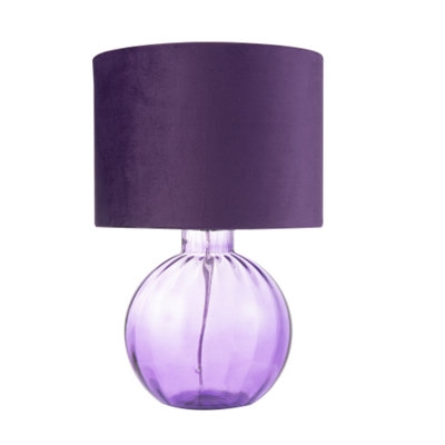 Table Lamp: Amethyst Ribbed Glass Sphere with Deep Plum Velvet Shade
