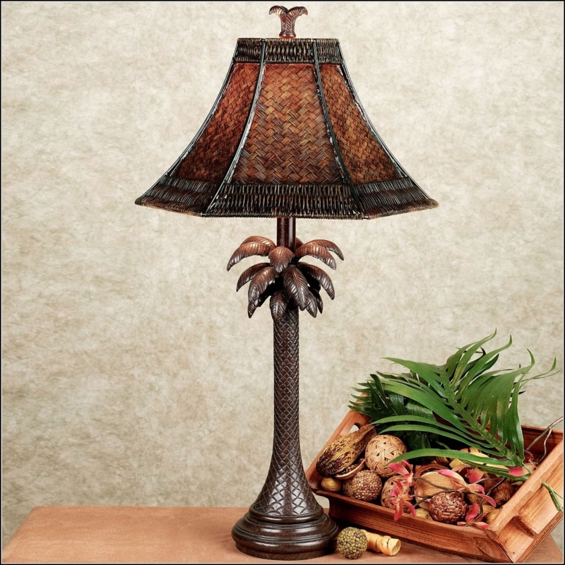 Table Lamp: Antique Bronze Palm Tree Base, Woven Hexagonal Shade