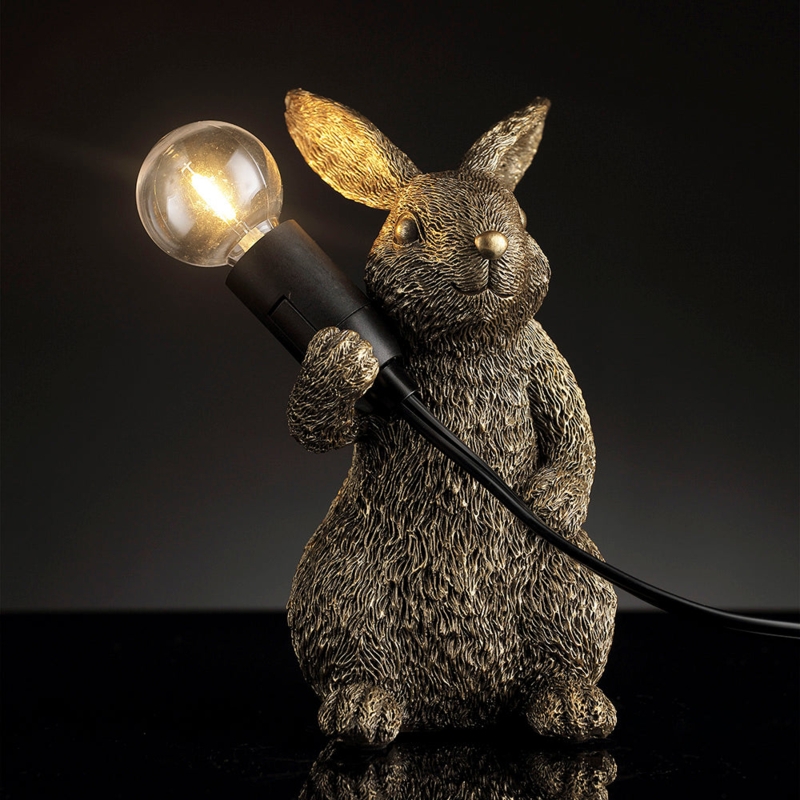 Table Lamp Antique Bronze Upright Rabbit Sculpted Fur Eclectic