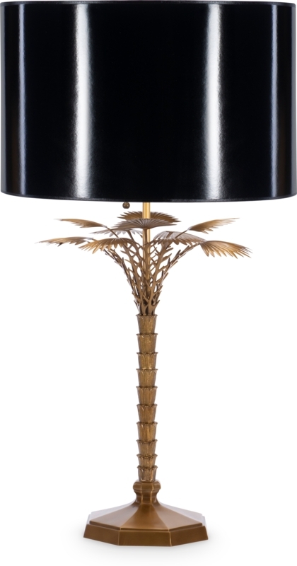 Table Lamp: Antique Gold Palm Tree Base, Black Drum Shade, Hexagonal