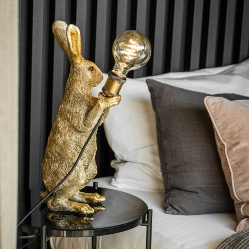 Table Lamp Antique Gold Standing Rabbit Exposed Bulb Sculptural