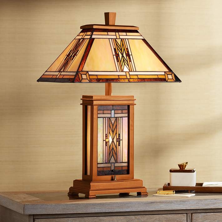 Table Lamp Arts and Crafts Mission Walnut Wood Geometric Footed Base