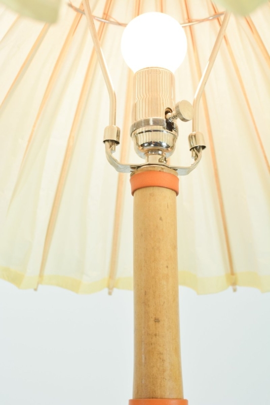 Table Lamp Bamboo Stem Leather Accents Pleated Parasol Shade