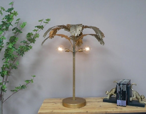 Table Lamp, Battery Operated, Textured Gold Fronds, Hollywood Regency Style.