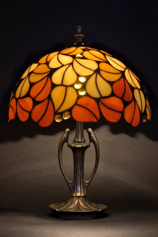 Table Lamp Bird Motif Base Amber Stained Glass Antique Bronze Finish