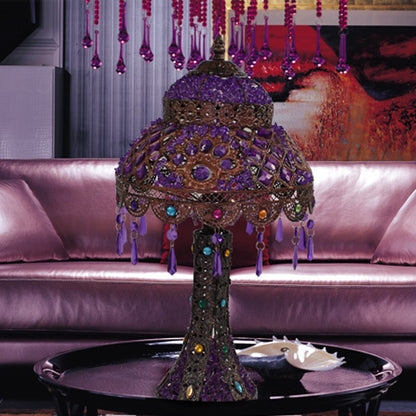 Table Lamp: Bohemian Ornate Bronze Dome Shade with Dangling Crystals