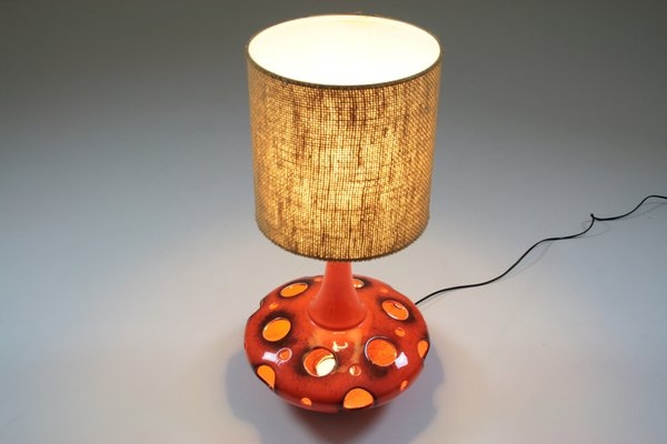 Table Lamp, Bright Orange Ceramic, Circular Cutouts, Retro Lighting
