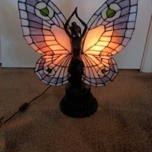 Table Lamp: Bronze Female Figure Base with Lavender & Amber Butterfly Shade