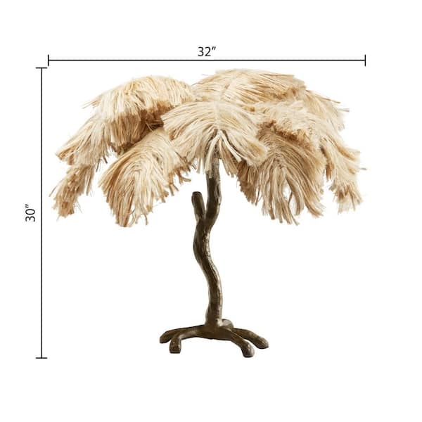 Table Lamp: Bronze Palm Tree Base, Jute Fringe Shade, Tropical Style