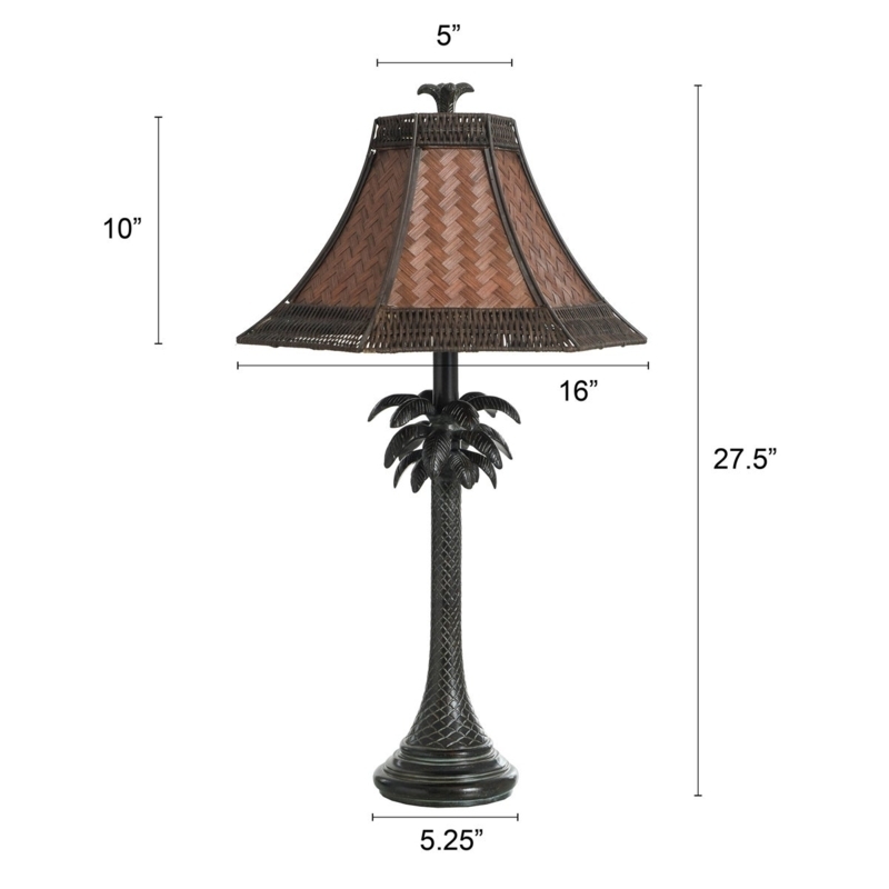 Table Lamp: Bronze Palm Tree Base, Rattan Chevron Shade, Coastal Decor