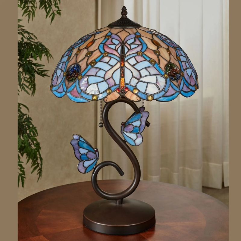 Table Lamp: Bronze S-Curve Stem with Periwinkle Butterfly Accents