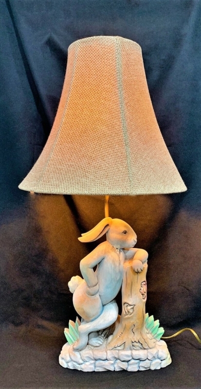 Table Lamp Carved Rabbit Tree Stump Woven Shade Rustic Woodland