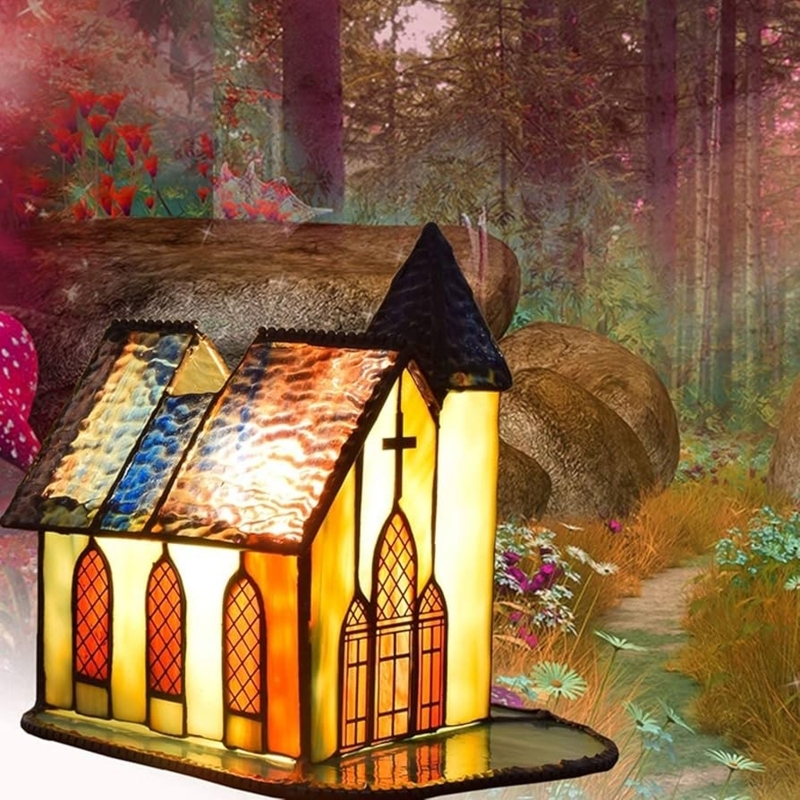 Table Lamp Cathedral Shape Stained Glass Gothic Arches Mission Style