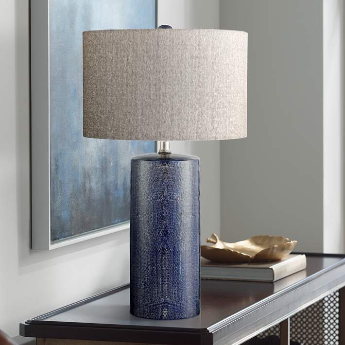 Table Lamp Ceramic Cross Hatch Texture Cylindrical Base Silver Tone