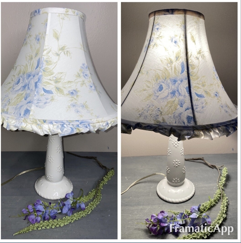 Table Lamp Ceramic Raised Daisy Base with Blue Rose Ruffled Shade