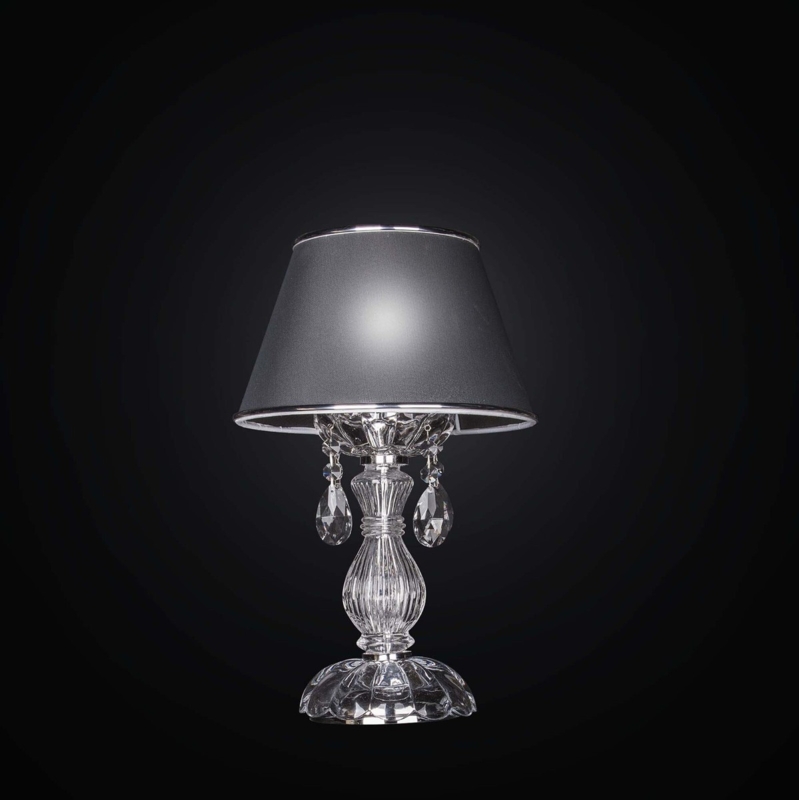 Table Lamp: Charcoal Gray Shade, Silver Trim, Hourglass Stem, Crystal