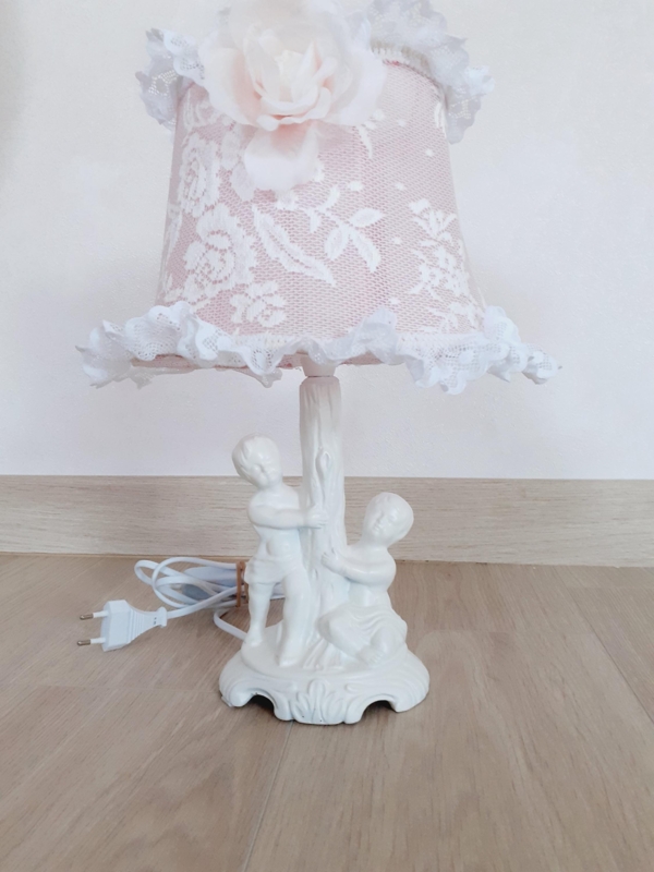 Table Lamp Cherub Figurines Base with Pink Lace Ruffle Shade