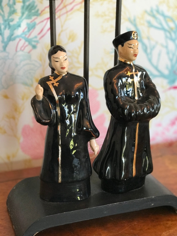 Table Lamp: Chinoiserie Figures, High Gloss Black Glaze, Gold Trim
