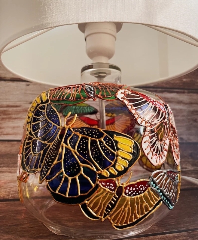 Table Lamp: Clear Glass Base with Raised Gold Outline Butterfly Motif