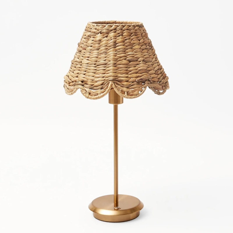 Table Lamp Cordless Scalloped Seagrass Brushed Gold Stem Coastal