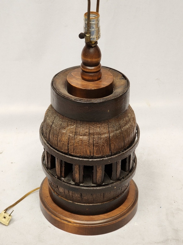Table Lamp crafted from Antique Wagon Wheel Hub, Weathered Wood Texture