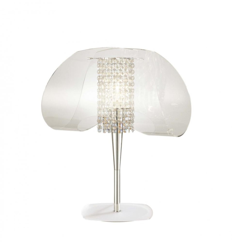 Table Lamp: Curved Acrylic Shade, Inner Chandelier, Polished Chrome