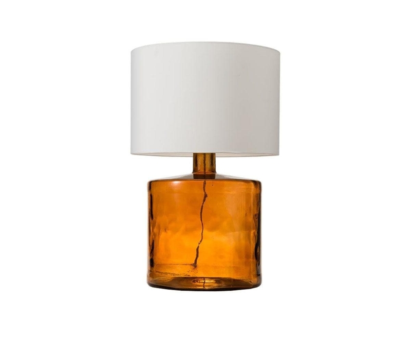 Table Lamp Cylindrical Amber Glass Base White Drum Shade Mid Century