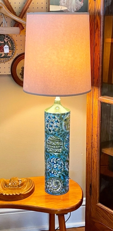 Table Lamp, Cylindrical Ceramic Base, Teal Concentric Patterns, Eclectic
