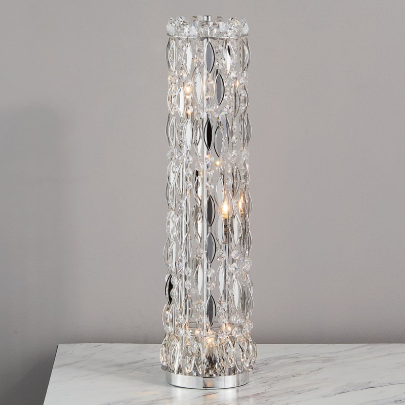 Table Lamp: Cylindrical Silhouette, Tiered Crystal Strands, Chrome Base