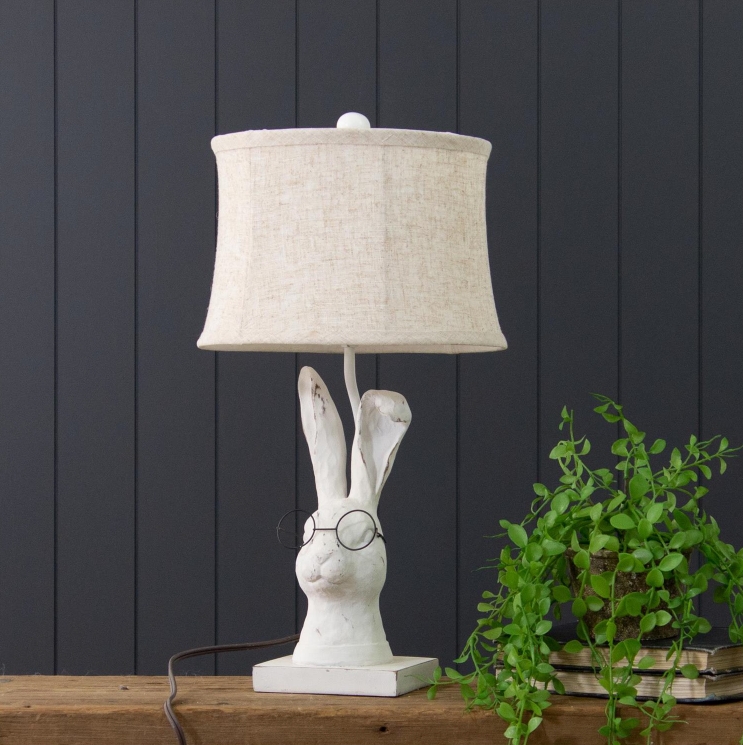 Table Lamp Distressed White Rabbit Head Wire Glasses Whimsical