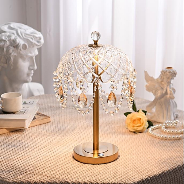 Table Lamp: Domed Faceted Crystal, Teardrop Droplets, Brushed Gold