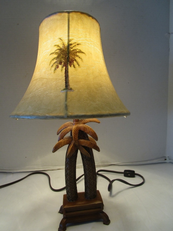 Table Lamp: Double Palm Tree Base, Fiber Textured Shade, Vintage Style