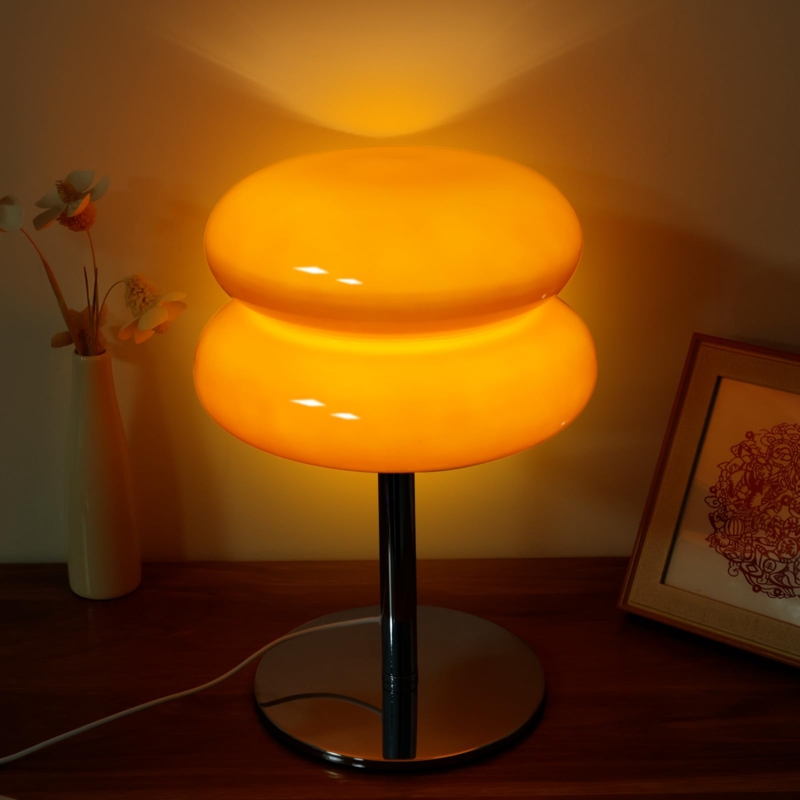 Table Lamp Double Tier Shade Glossy Glass Mid-Century Egg Tart Design