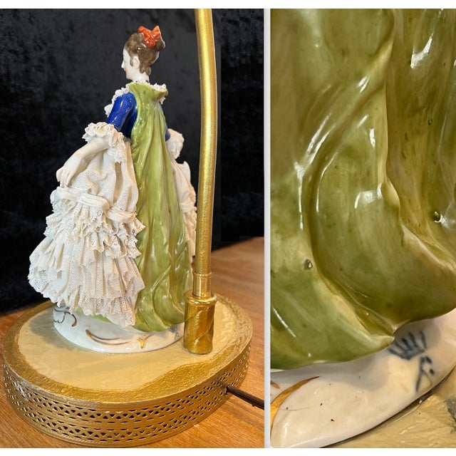 Table Lamp: Dresden Porcelain Lady Figurine, Real Lace Ruffles, Emerald