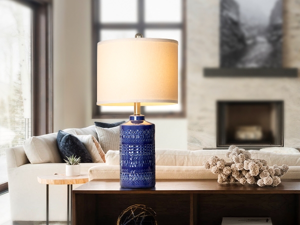 Table Lamp Embossed Geometric Ceramic 3-Way Dimmable Brass Neck