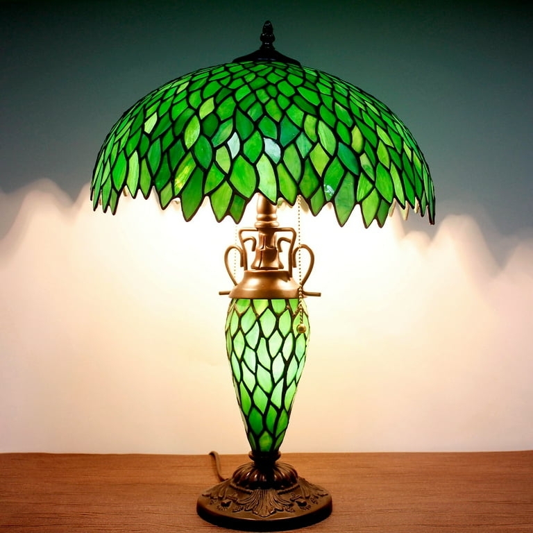 Table Lamp Emerald Green Leaf Motif Illuminated Base Art Nouveau
