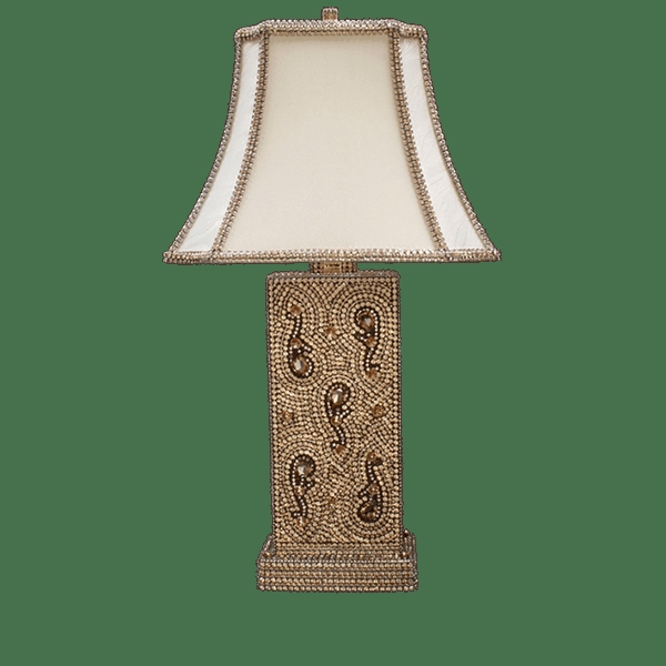 Table Lamp: Encrusted Column Base, Crystal Trimmed Bell Shade, Gold
